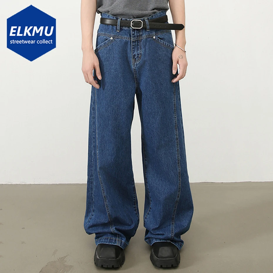 

Spring Men Blue Straight Jeans Loose Casual Denim Pants Wide Leg Baggy Jeans Trousers