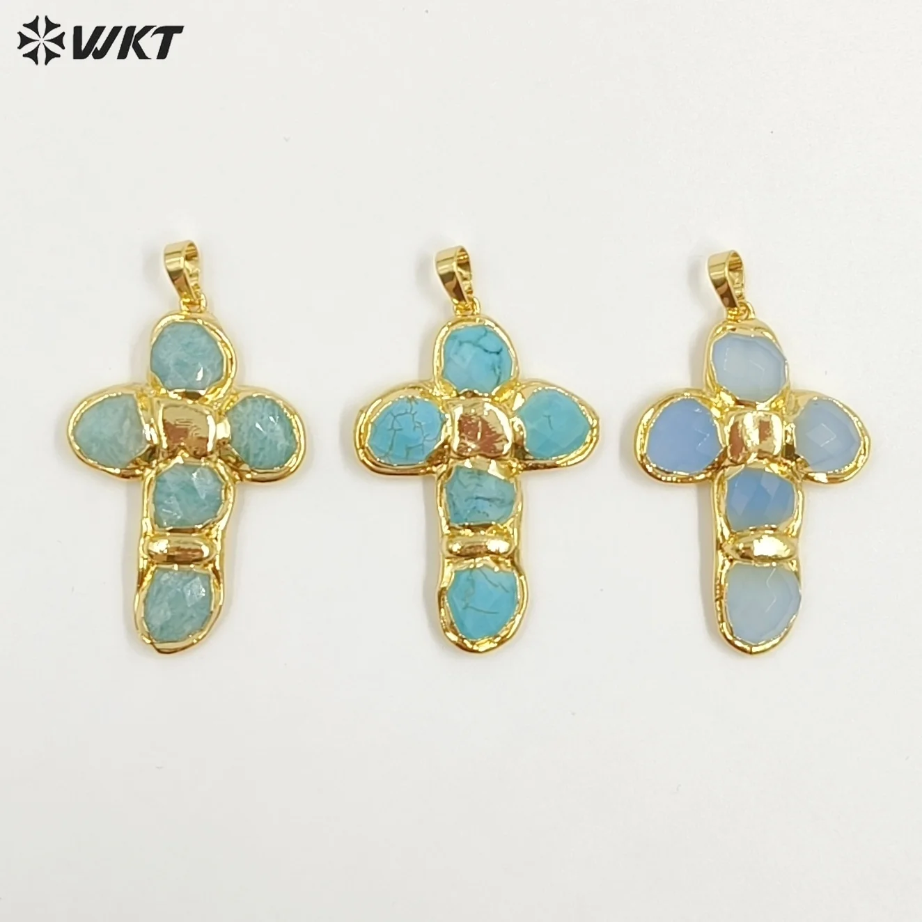 WT-P2027 Colorful Gemstone Labradorite turquoise Stone Hotsale Cross Shape 18k Gold Plated Pendant Crafts Accessory