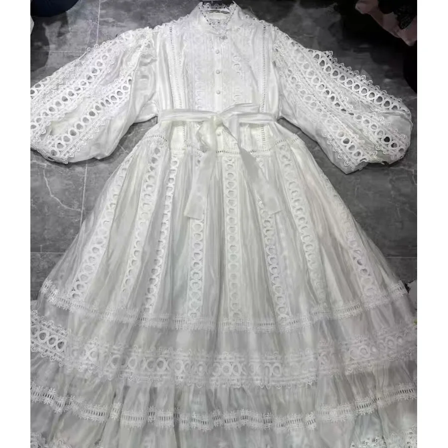 n Sle Holiday Court Heavy Stickerei Lace Splicing Dr Hollow Out Design Polyesterfaser Midirock rund Ne X-S...