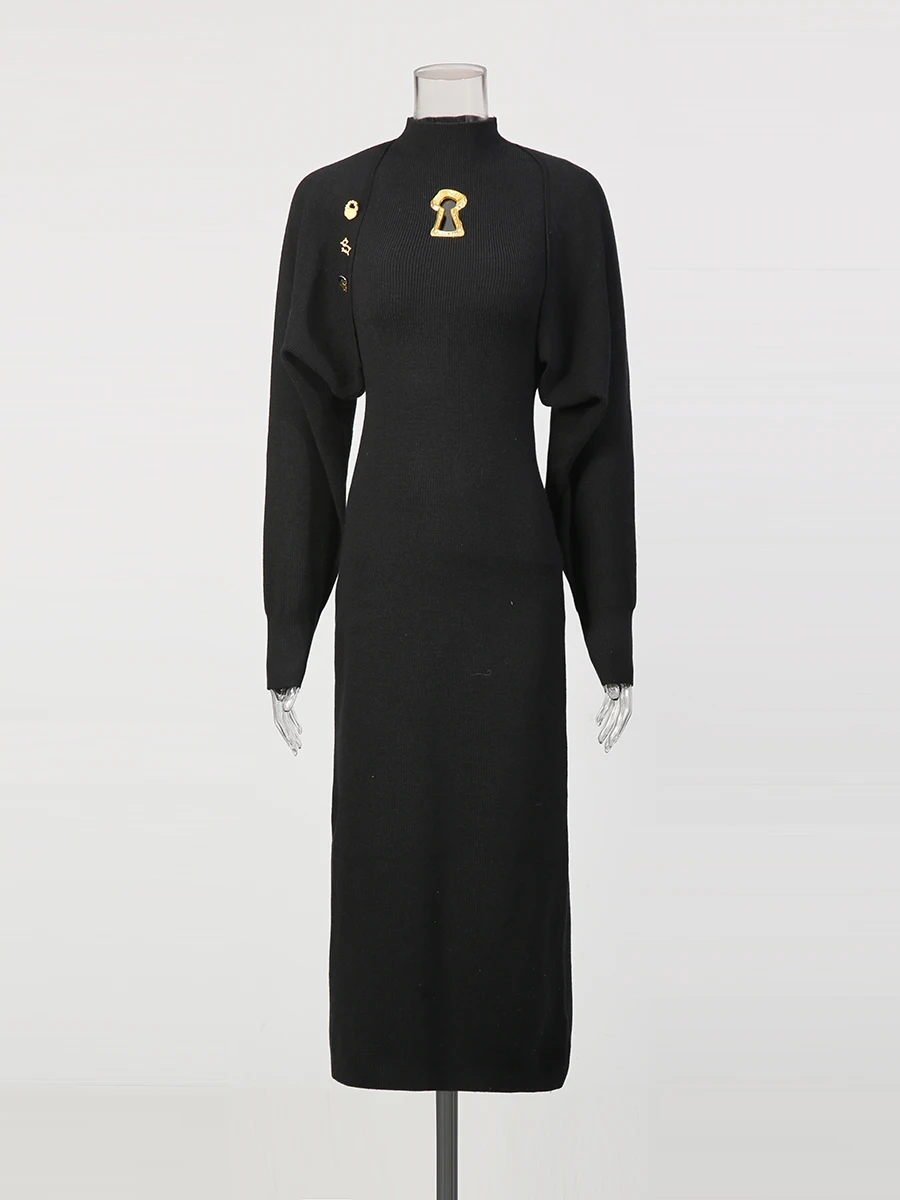 Twotwinstyle emagrecimento emendado botões de metal vestidos para mulheres em torno do pescoço sem mangas vestido retalhos xale vestido elegante feminino