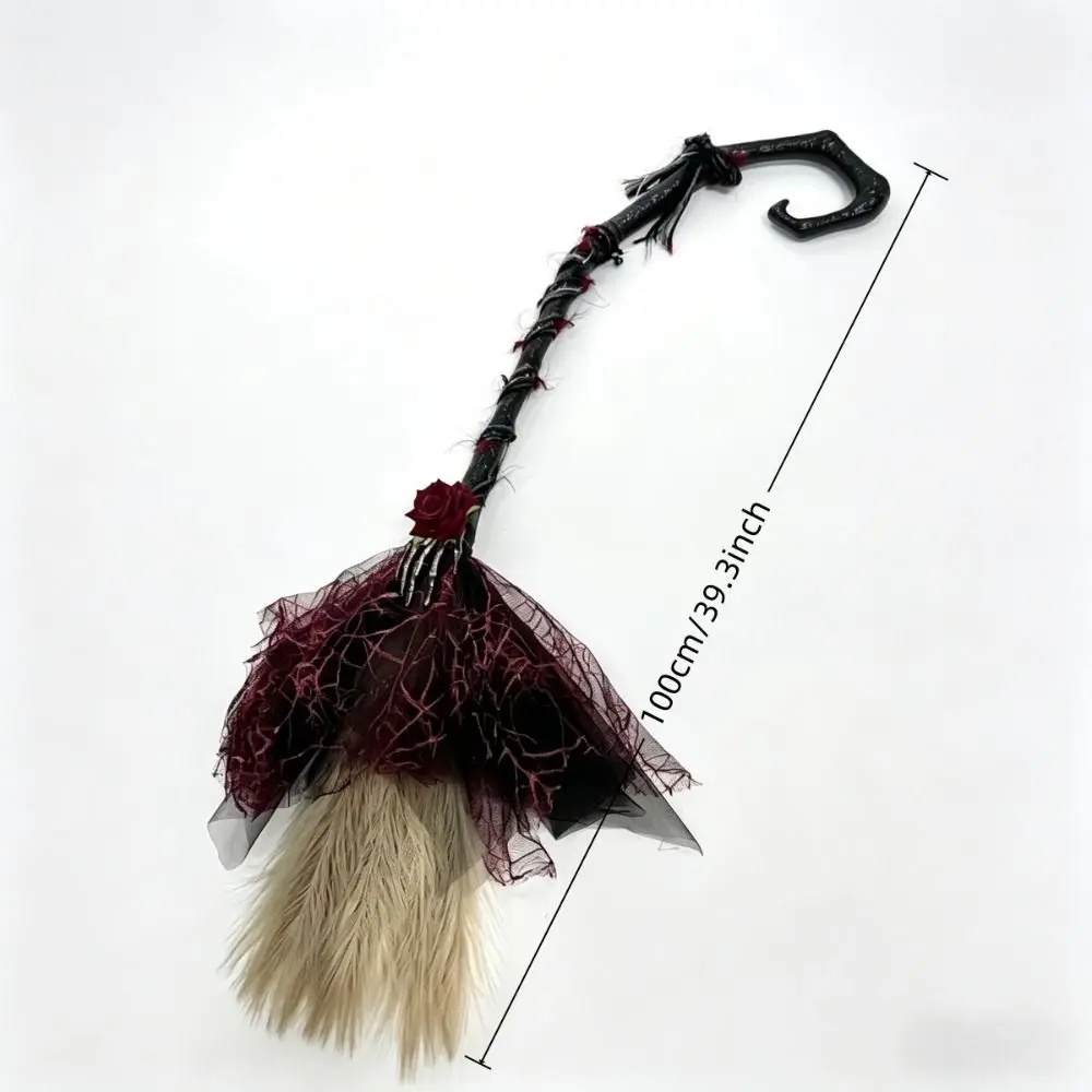 Deluxe Gothic Style Witch Broom Black Tulle Plastic Material Cosplay Props Red Rose Lolita Style Magic Wand Carnival Dress Up 6