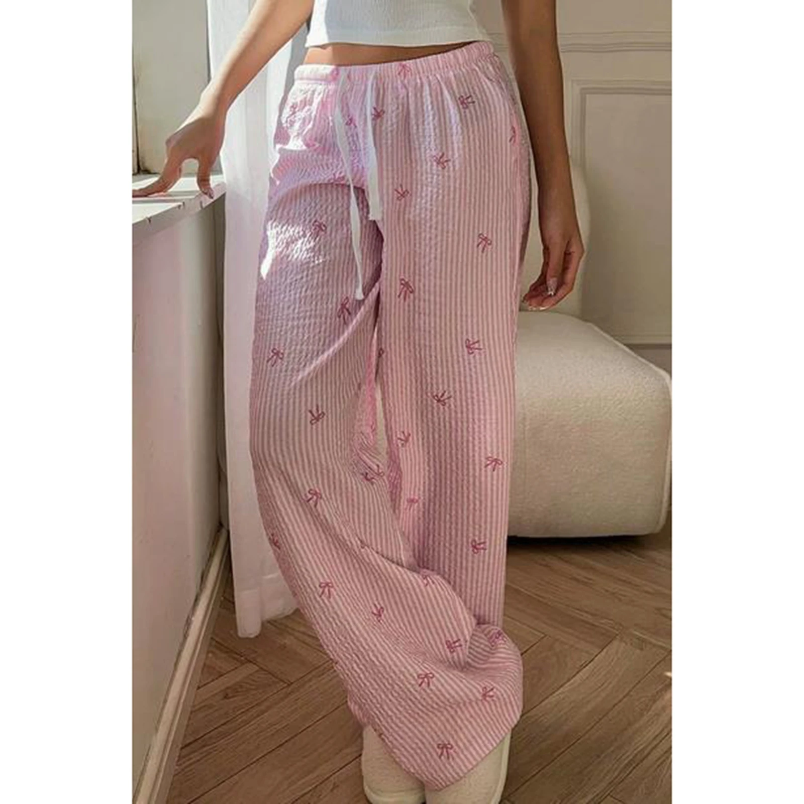 

2025 Women Sweet Bow Striped Pants Casual Loose Elastic Waist Wide Leg Drawstring Long Trousers Summer Streetwear