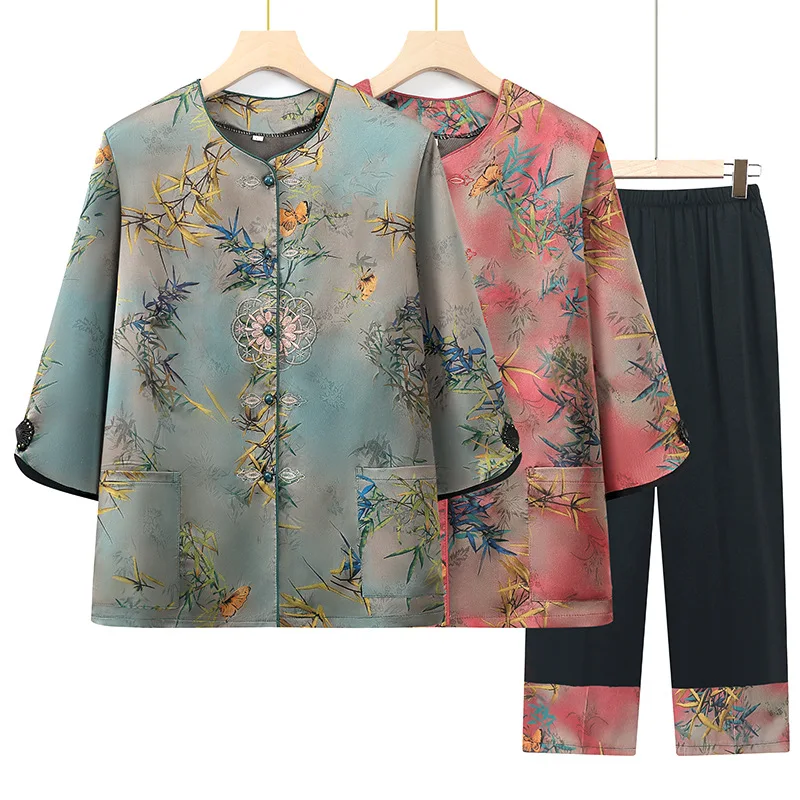 

XL-5XL винтажный комплект из 2 предметов с принтом, женский свободный повседневный наряд, одежда для мам среднего возраста, бабушка, рубашка, топ, брючный костюм, костюм Тан
