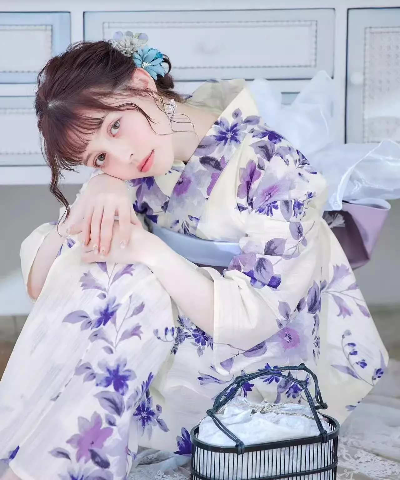 

New Style Traditional Japanese Yukata Dress for Women & Girls - Purple-toned Watercolor Floral Pattern on Beige Background
