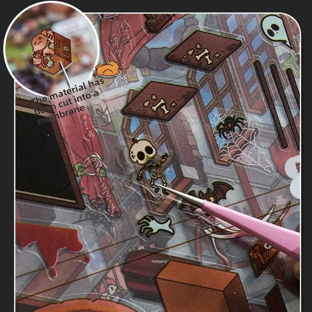 

Horror Theme Cabin Scene Stickers 20 Scene 51 Sheets DIY Crafts Visual Stacking Sticker Cartoon Town PET 3D Miniature Houses