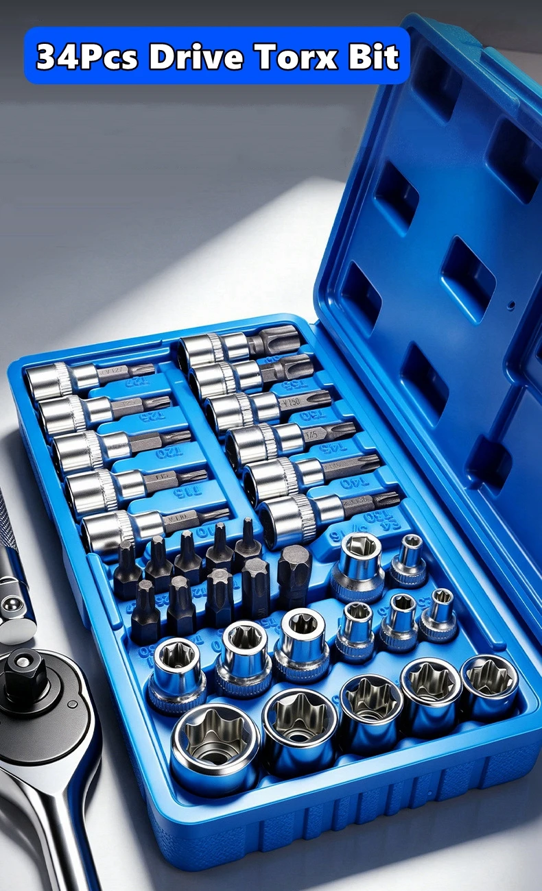 Professional 34 Pieces Drive Torx Bit Socket and E-Torx (Star) Socket Set,CR-V & S2 Steel, E4-E20, T10-T60, Tamper Proof T10-T55