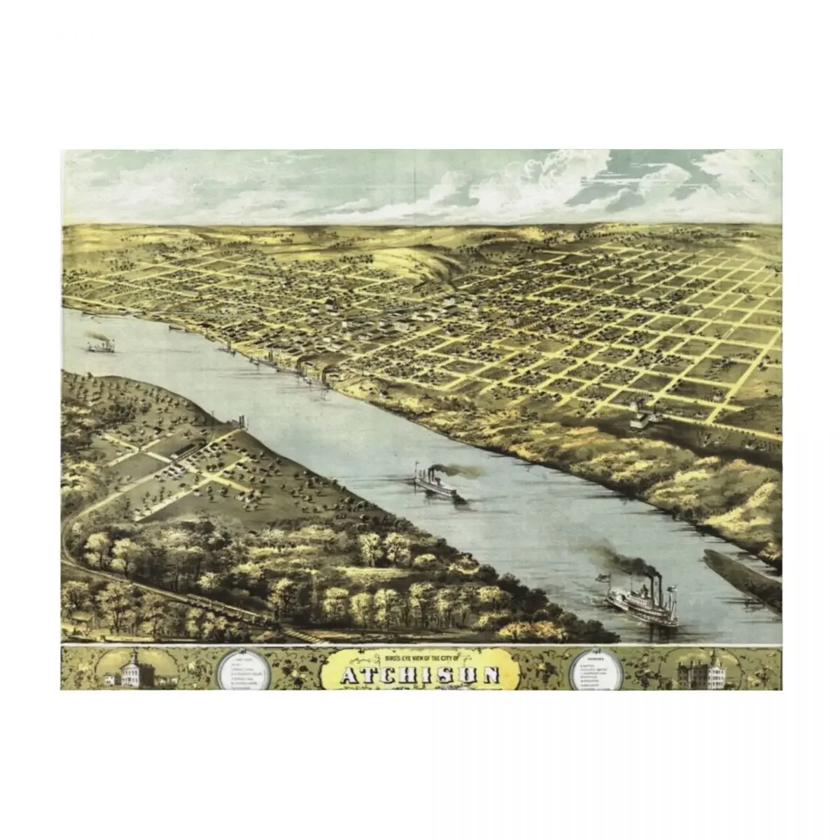

Bird's Eye View of the City of Atchison Kansas 1869 Throw Blanket Softest Loose Giant Sofa for winter Blankets