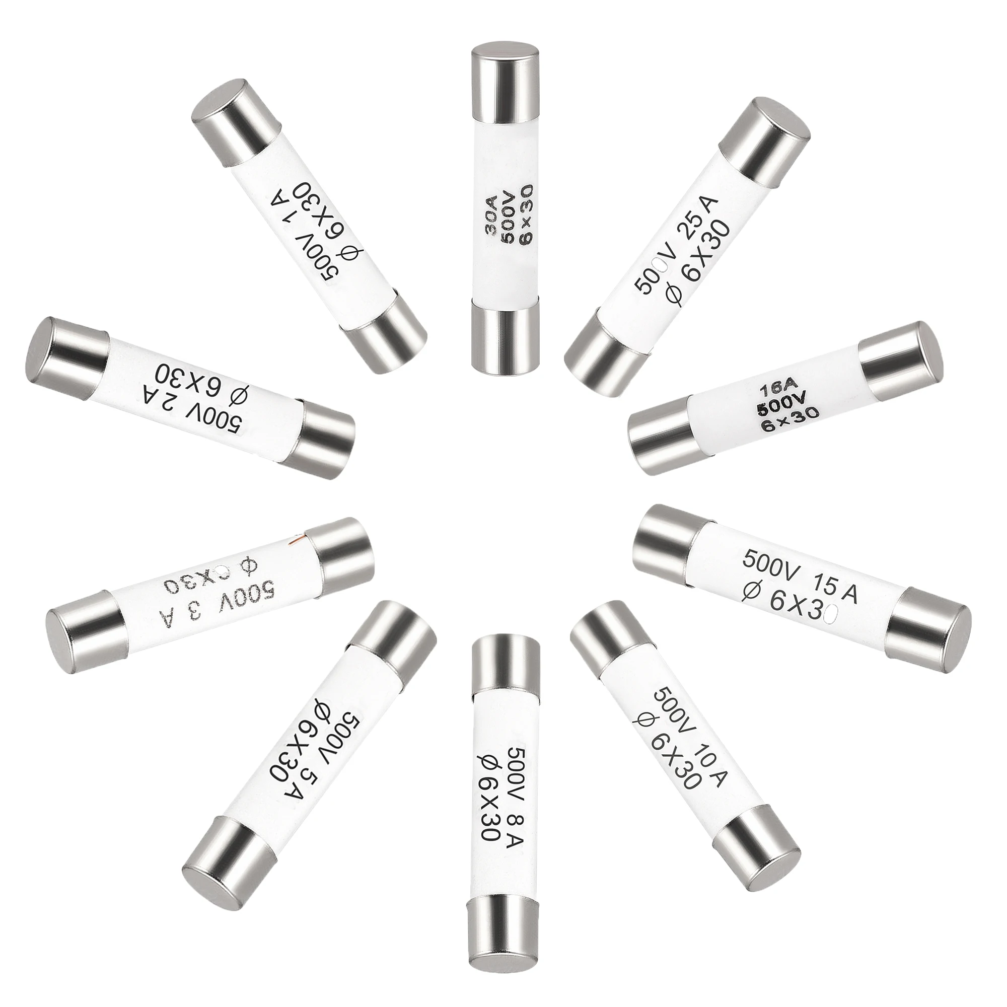 10Pcs 6*30mm Fast Blow Ceramic Tube Fuses 500V 1 2 3 4 5 8 10 15 16 25 30A AMP Fuse Ceramic Fusible for Energy Saving Lamp