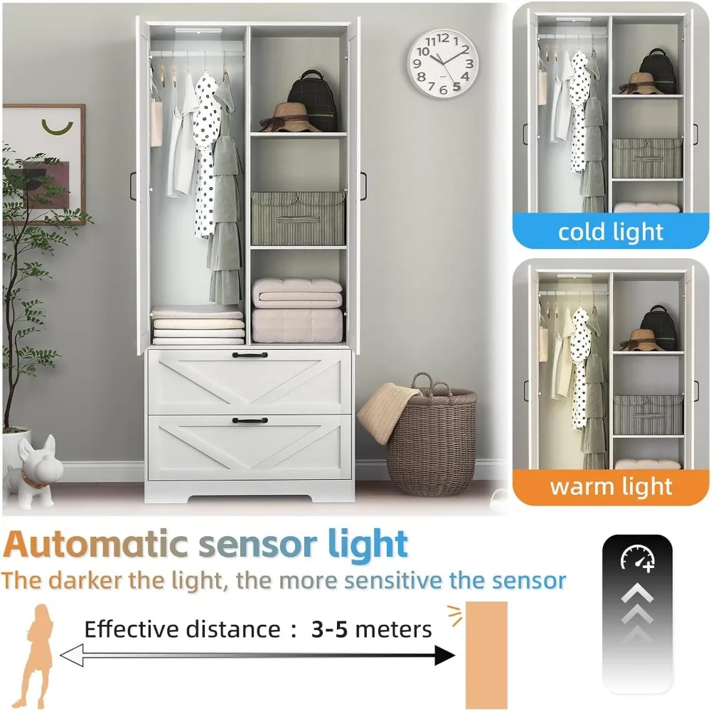 خزانة خزانة ملابس مع مرآة ودرجين، خزانة ملابس لغرفة النوم مقاس 72 بوصة مع قضيب معلق وإضاءة، غرفة نوم خشبية