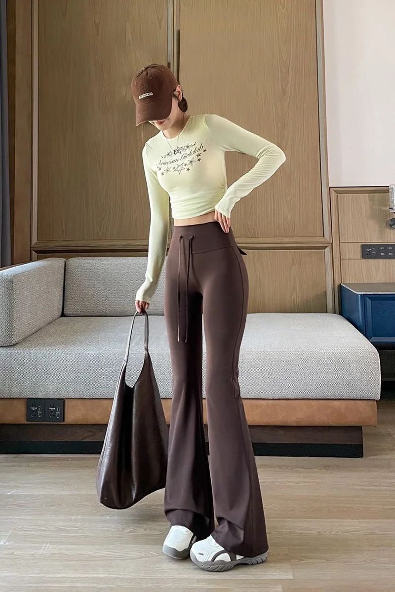BIVIGAOS Autumn New Drawstring High Waist Micro Flared Leggings Women Slim Fit Elastic Fashionable Casual Sports Flared Pants