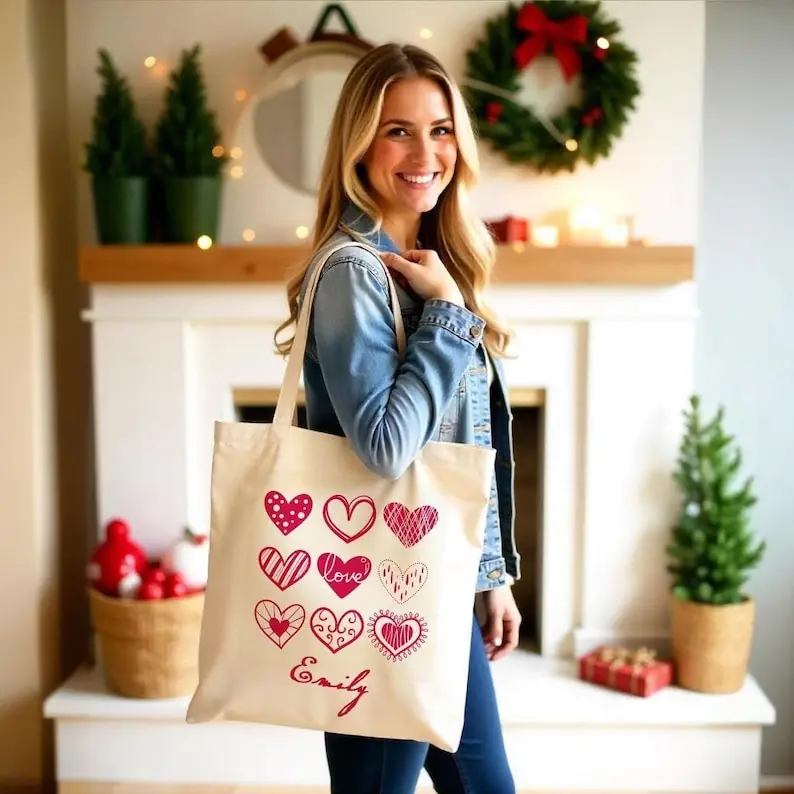 

Personalized Valentine’s Day Tote Bag - Custom Name Canvas Bag with Red Heart Designs