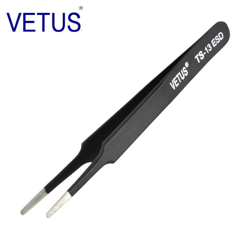 VETUS TS-13ESD Precision Stainless Steel Tweezers Black ESD Safe Flat Head Anti Static for Electronics Repair