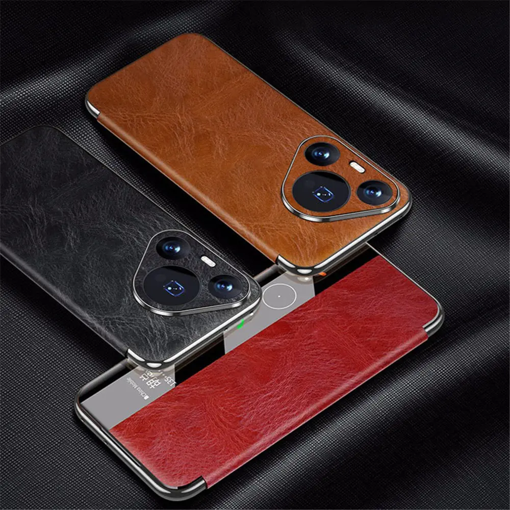 Luxury Cowhide Leather Magnetic Flip Case for Huawei Pura 70 Pro Pura 70 Ultra Pura 70 Window View Cover