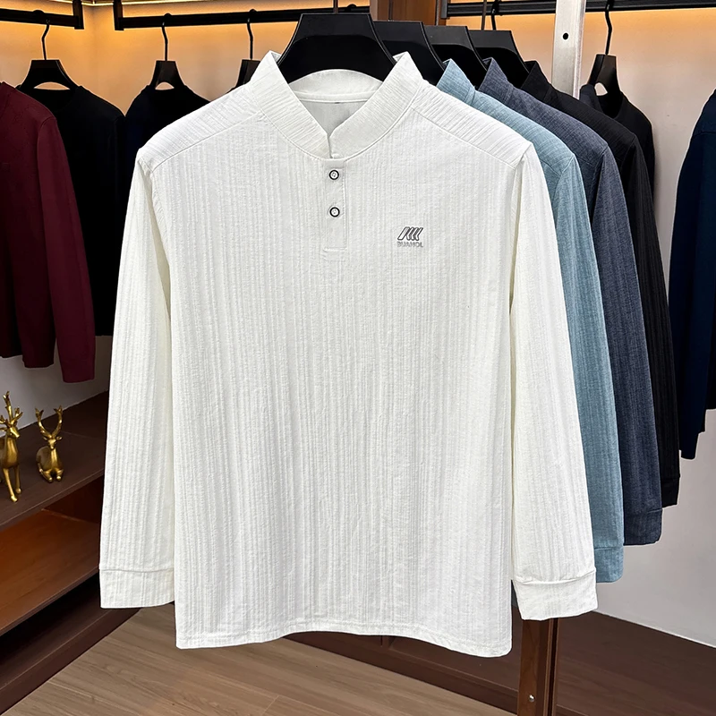 Men's Faux Linen Textured Long Sleeved T Shirts Business Casual Work Polos Shirts Wrinkle Resistant Breathable Workwear Tops Man