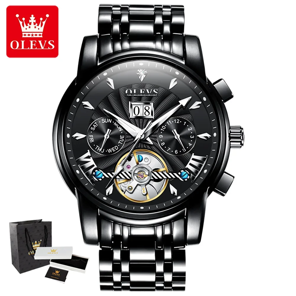

OLEVS 9965 Automatic Men's Watches Skeleton Flywheel Calendar Waterproof Luminous Multifunctional Mechanical Wrist Watch for Man