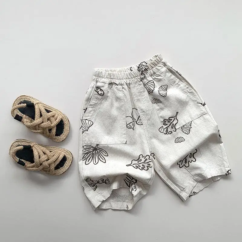 

2024 Summer New Children Casual Pants Baby Girls Mosquito Proof Pants Cotton Linen Boys Print Harem Pants Kids Loose Trousers