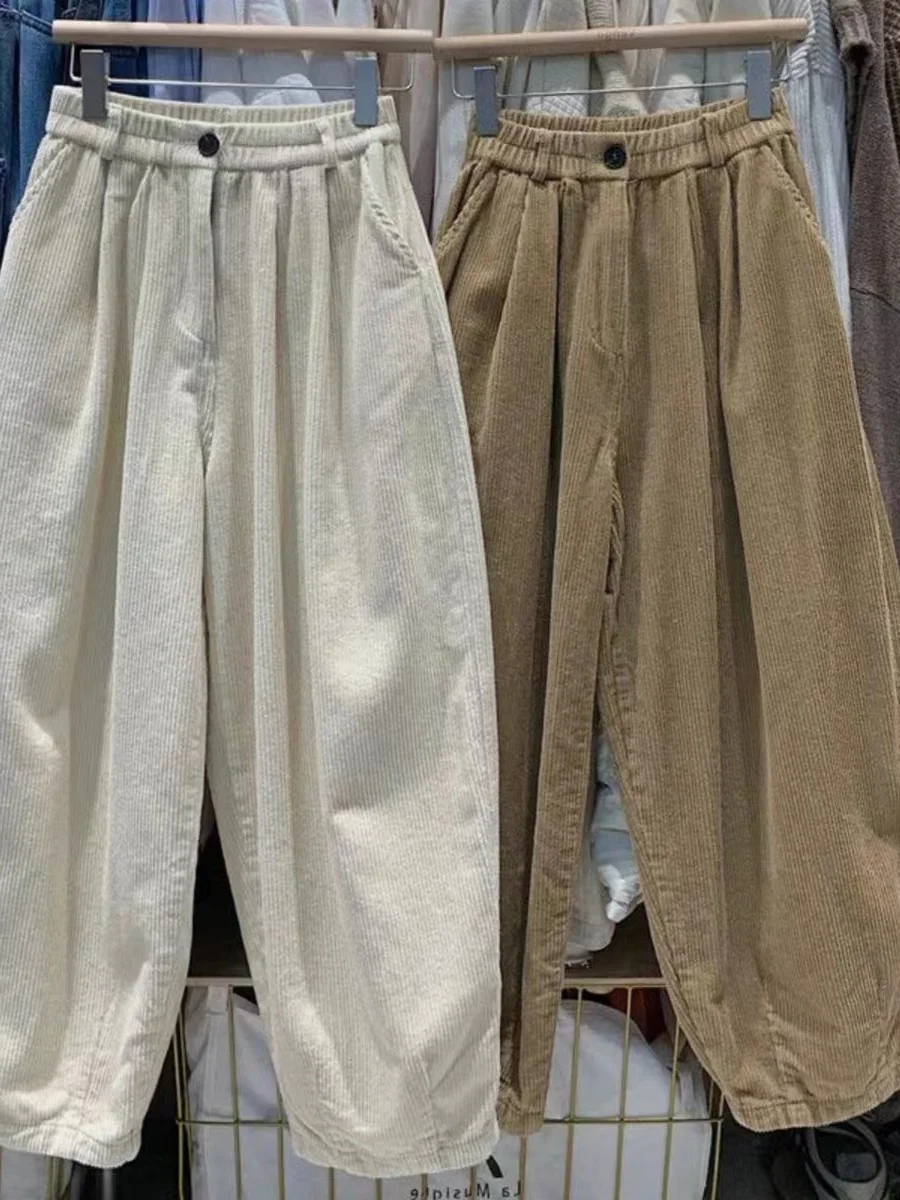 여성용 테니드 페이스 라이닝 코듀로이 할란 팬츠 겨울 패션 브랜드 버튼 롱 트라우저 캐주얼 랜턴 팬츠