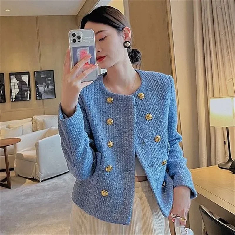 

O-neck Elegant Small Fragrance Coat Women Autumn Long Sleeve Outerwea 2024French Tweed Double-breasted Short Jackets Female Tops