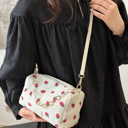 Strawberry Printed Crossbody Mini Bags Corduroy Fresh Ins Style Underarm Bag Refined Female Student Travel Shoulder Bag