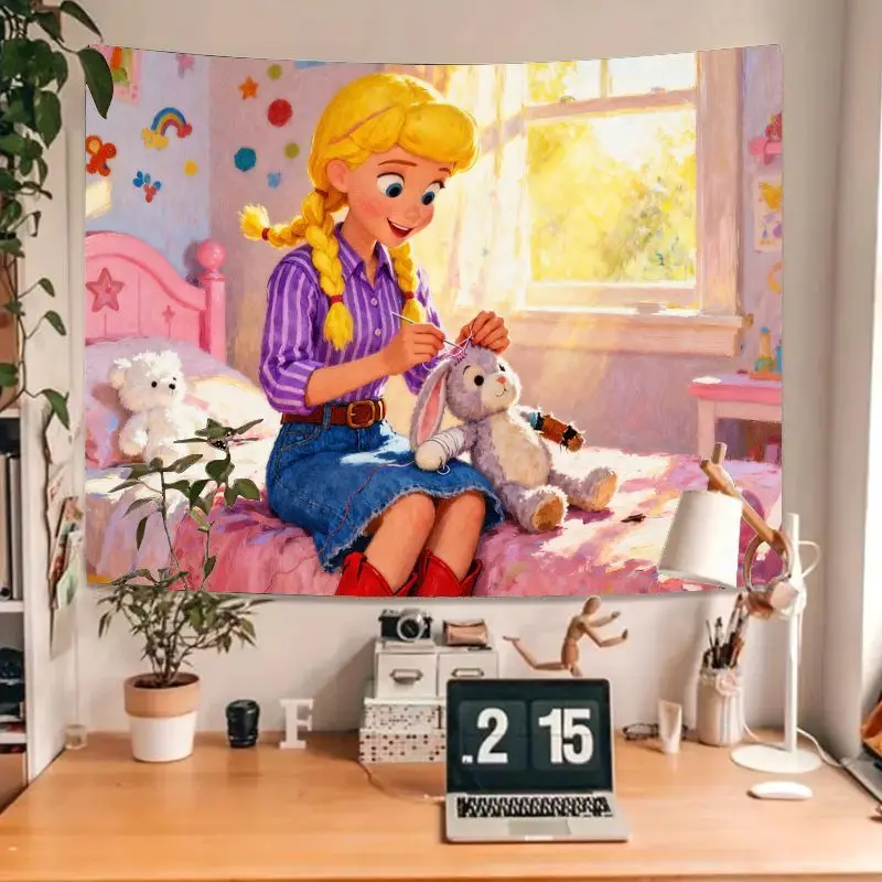 1 Buah Tapestry Kelinci Lucu Bergaya Kartun Gadis Pedesaan, Hiasan Dinding Kawaii dari Poliester untuk Kamar Anak, Kamar Tidur, Hadiah