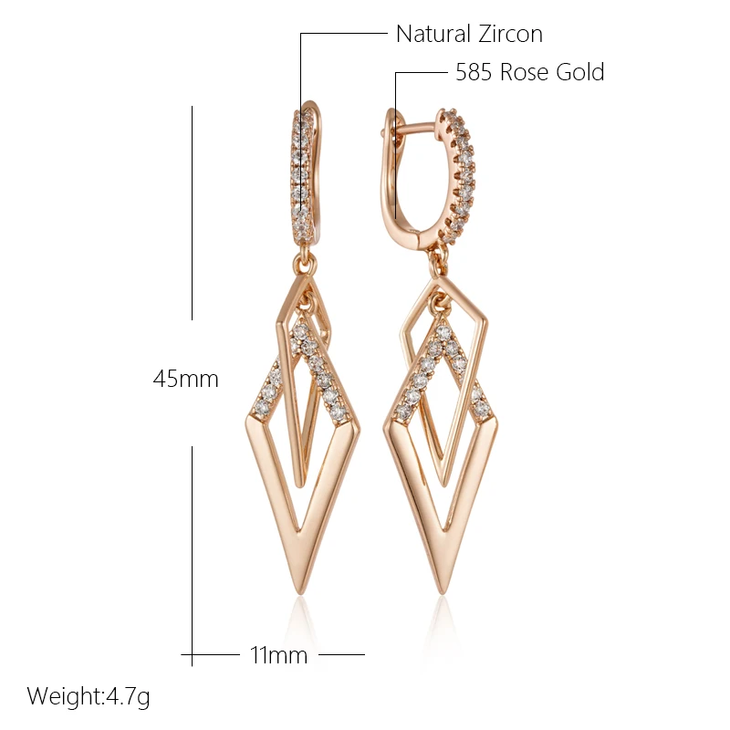 Kinel Fashion Glossy Hollow Rhombus Drop Earring for Women Unusual Natural Zircon 585 Rose Gold Color Daily Fine Ethnic Jewelry