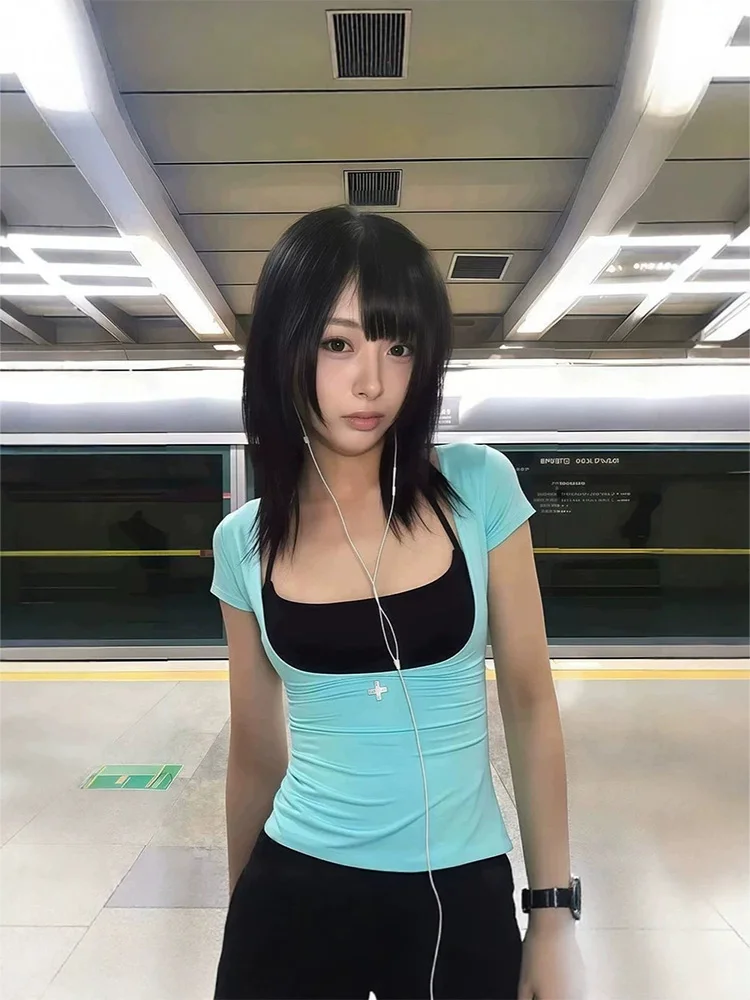2026 Summer Women Y2K Grunge Streetwear Sexy Fake Two Piece Cross Print Ruched Slim Fit Cropped Square Neck Short Sleeve T-shirt