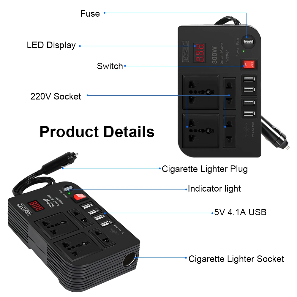 Car Inverter 4 USB Ports 4 AC Sockets DC 12V to AC 220V Converter 300W ON/OFF Switch Power Adapter Overload Protection