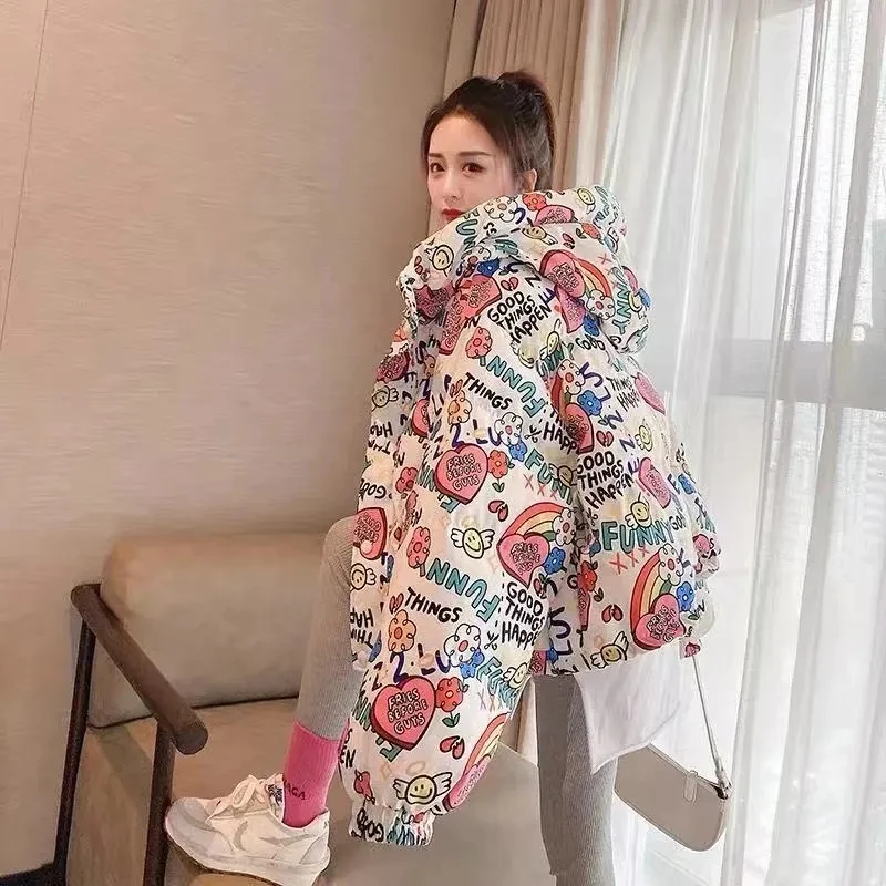 2023 Women Down Jackets Bubble Coats Winter Korean Ladylike Girls Down Jackets Sweet loose fitting student printed hooded jacket