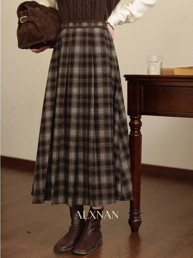

ALXNAN Women's Mid-Length Skirt 2025 Plaid Color-block Design Flared High-waisted Silhouette Slim-fit Casual A-Line Skirt L57735