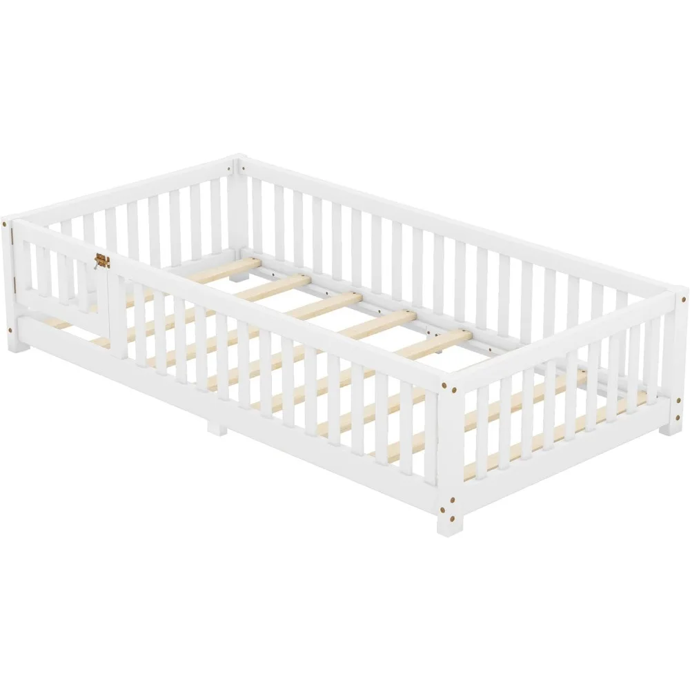 Twee Vloerbed Met Latten En Middensteunbar, Montessori Vloerbed Met Hek En Deur, Kinderen Montessori Bed Twin Size