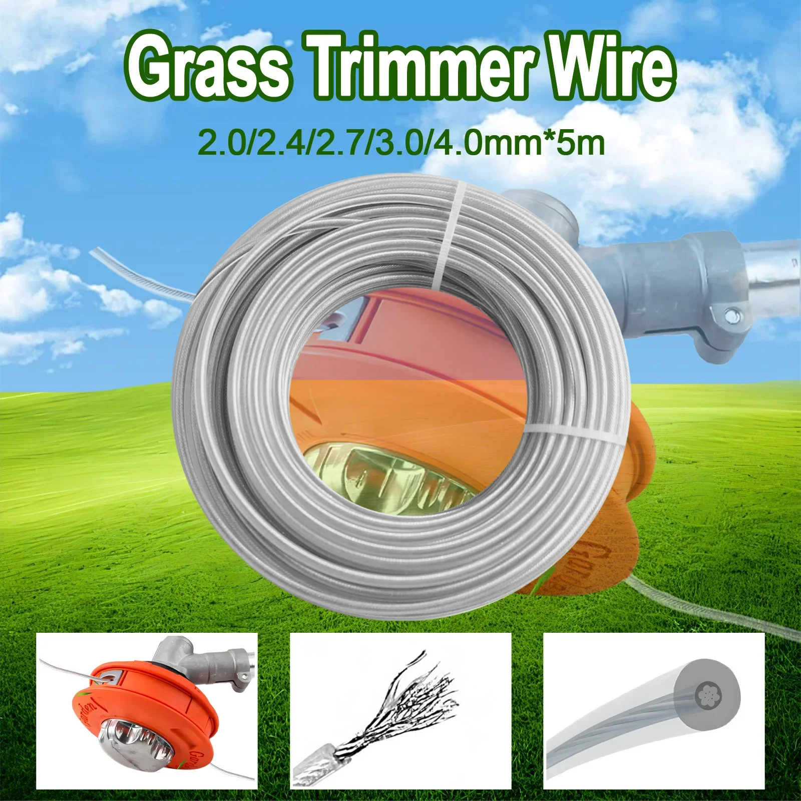 Steel Wire Nylon Grass Trimmer Line 3.0×5M/10M Brushcutter Trimmer Rope Lawn Mower Cord Long Round Roll Grass Replacement