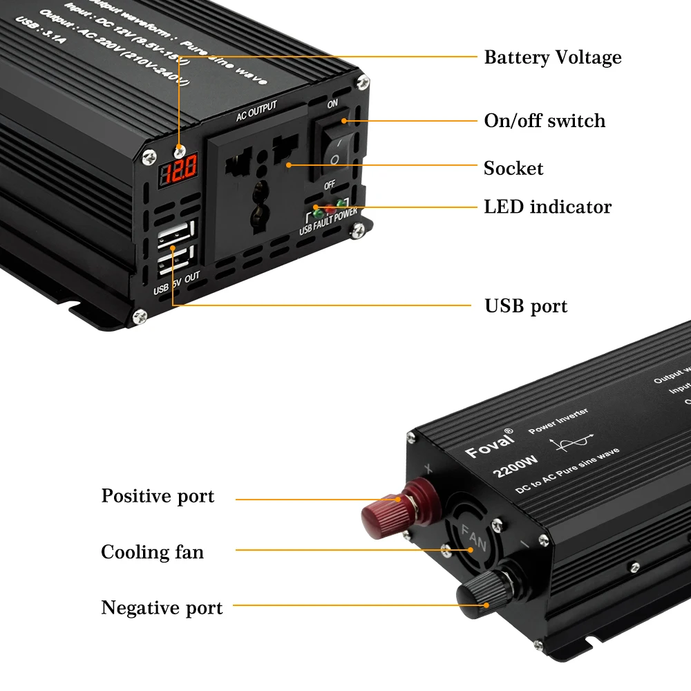 2200W Pure Sine Wave Power Inverter 12V DC to 220V 50HZ 60HZ AC With EU UN AC Outlets