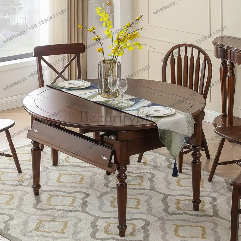 American dining table retractable folding oval household variable round table rural retro all solid wood