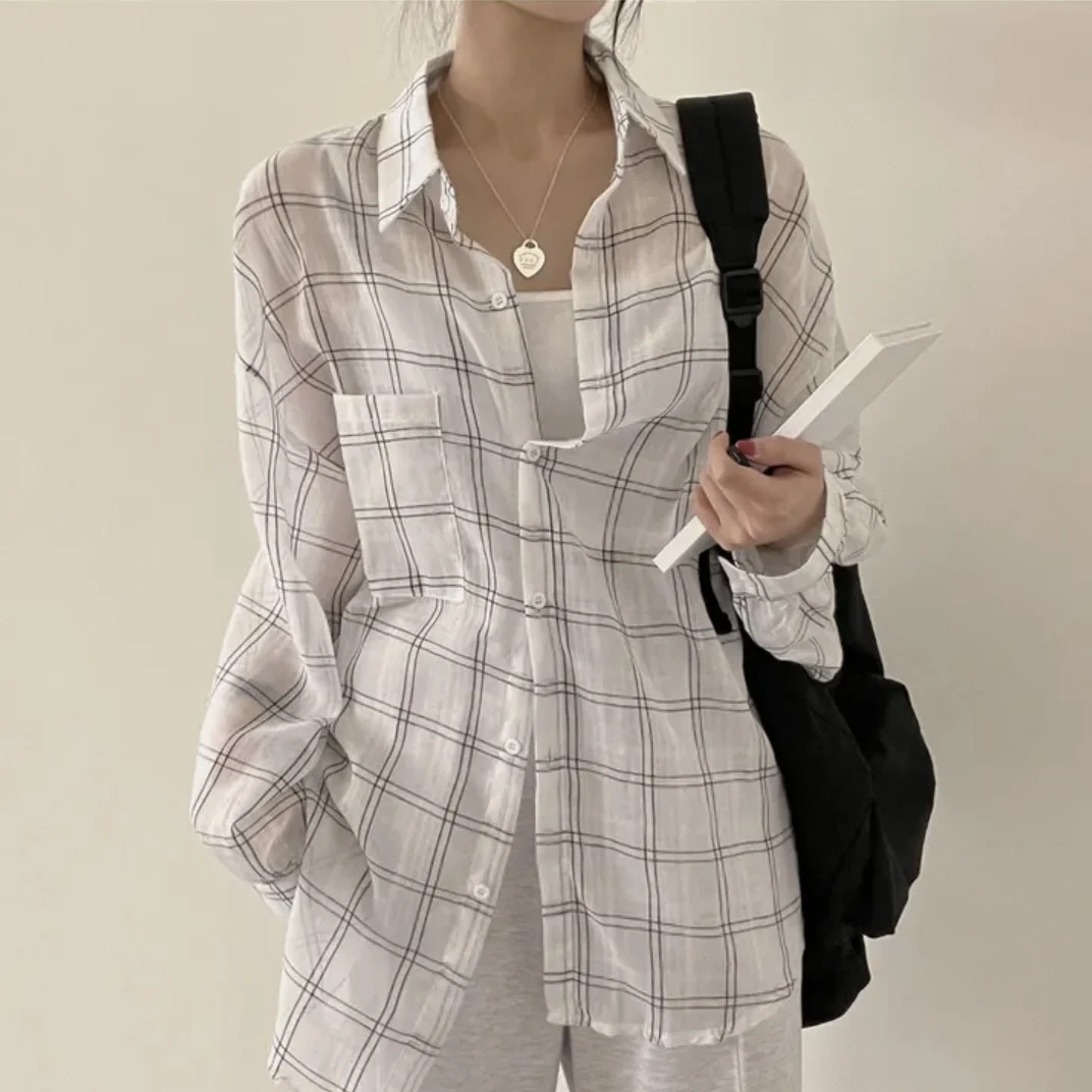 Estate da donna New Chic Allentato Lungo Sve Sottile Protezione solare irt Plaid Faionable mat Top Coreano Sle