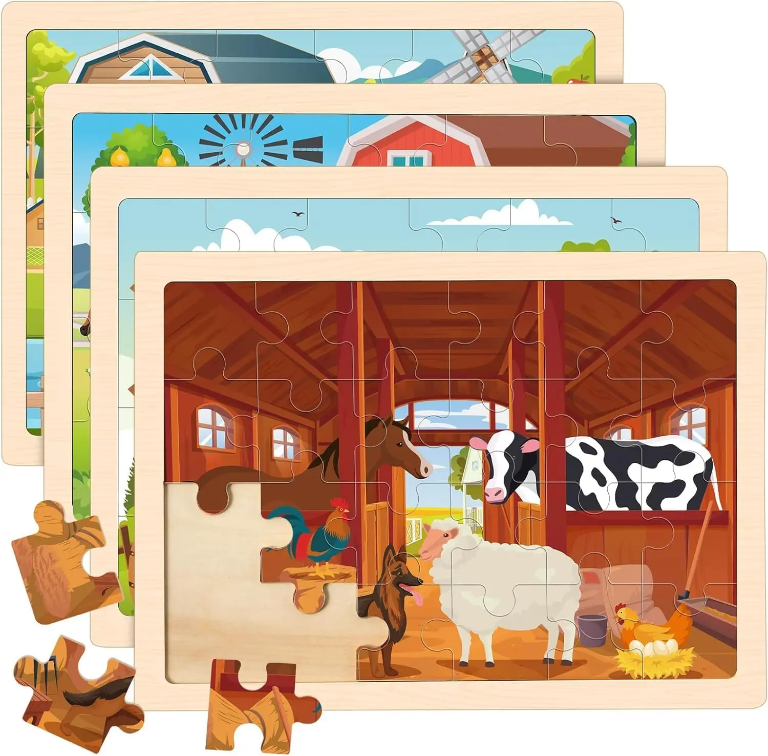 

4-Pack Wooden Farm Puzzles for Kids 3-5, 24-Piece Jigsaw Set, Montessori Toddler Learning Toy, Educational Birthday Gift