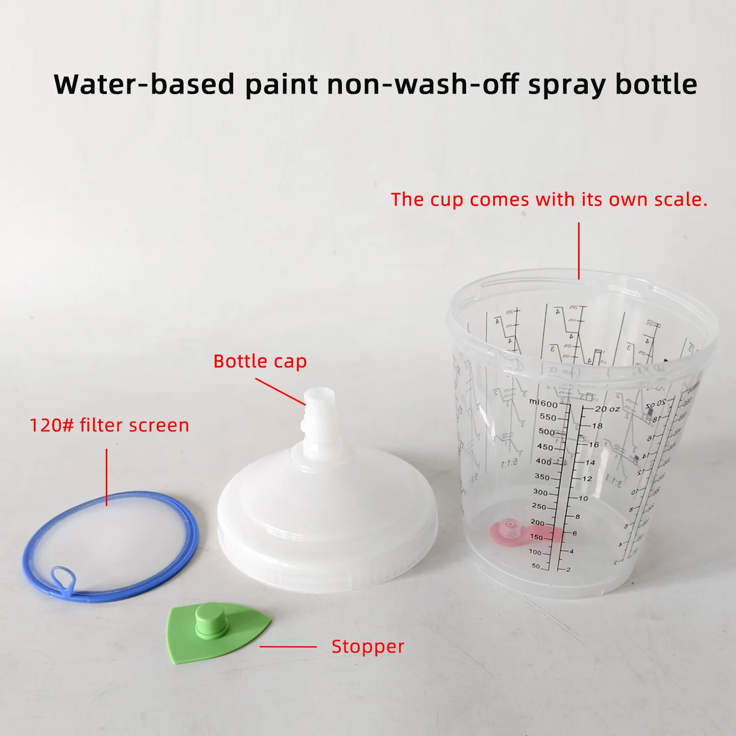 

Suitable for SATA spray gun. Non-washable kettle with scale. 600ml water-based paint coating filter screen, 120 mesh.