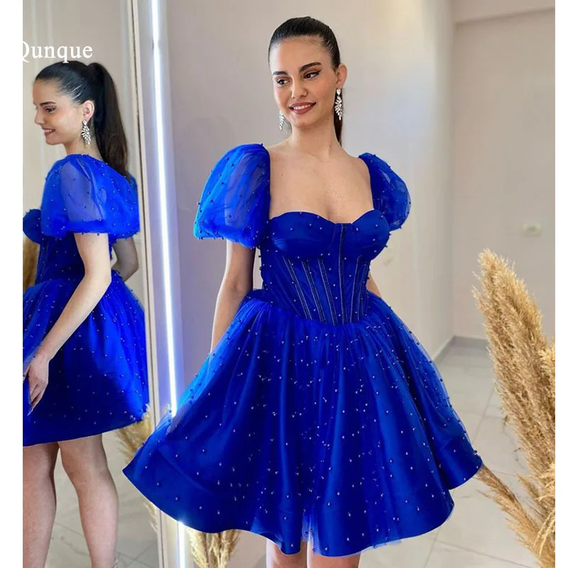 

Qunque Short Homecoming Dress Mini Length Royal Blue Pearls Party Dresses Cap Sleeves Prom Dress Ever Pretty Cocktail Dresses