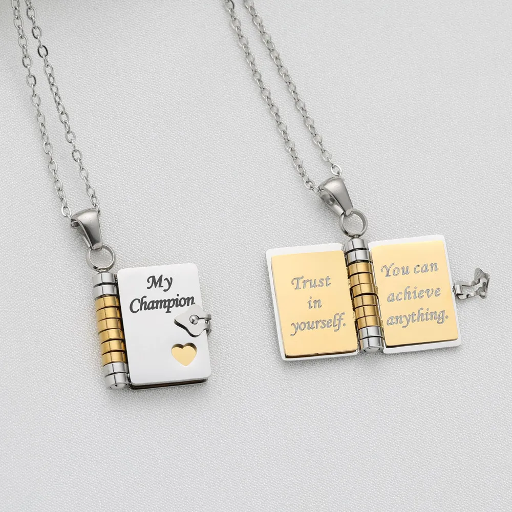 Para hijo, collar de libro de mi campeón, colgante de libro que se puede abrir, collar grabado de mi pequeño héroe, joyería para niño, cadena de acero inoxidable