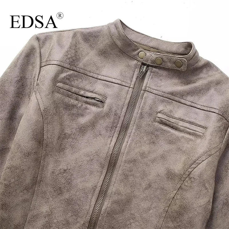 EDSA Women Suede Jacket Solid Color Motorcycle Style Vintage Slim Bomber Jacket Outerwear