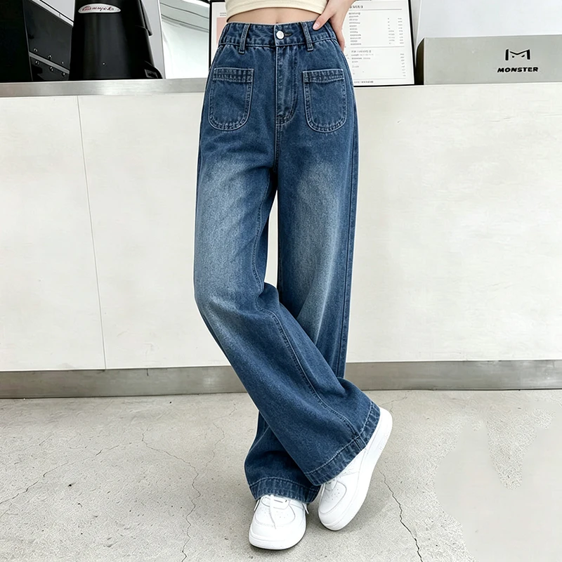 Kids Girls Straight Denim Jeans With Front Pockets Summer Loose Wide Leg Trousers 6-14Y Casual Daily Pants