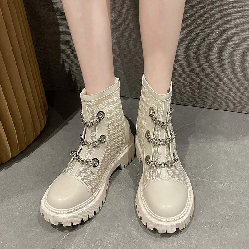 Luxury New Women Boots Fashion Platform Boots Pearl Chain Casual Women Boots Chunky Boots  Women Riding Boots