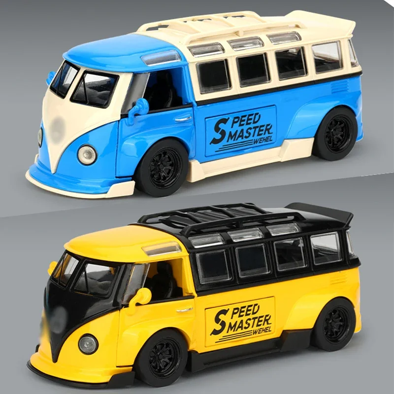 1:32 Volkswagen T1 Minibus Samba JDP Modified Toy Car For Children Diecast Miniature Model Sound & Light Collection Gift Boys