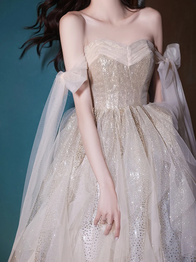 

Sexy Champagne Prom Dresses 2023 New Boat Neck Lace Up Long Princess Gown French Style Glitter Birthday Party Dress