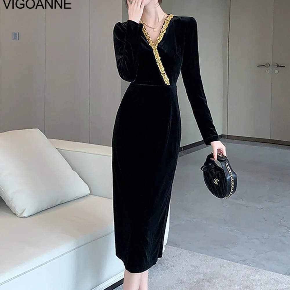 VigoAnne 2025 Spring Autumn Woman Solid Slim Velvet Dress Long Sleeve Korean Dresses Lady V Neck Evening Party Tight Long Dress