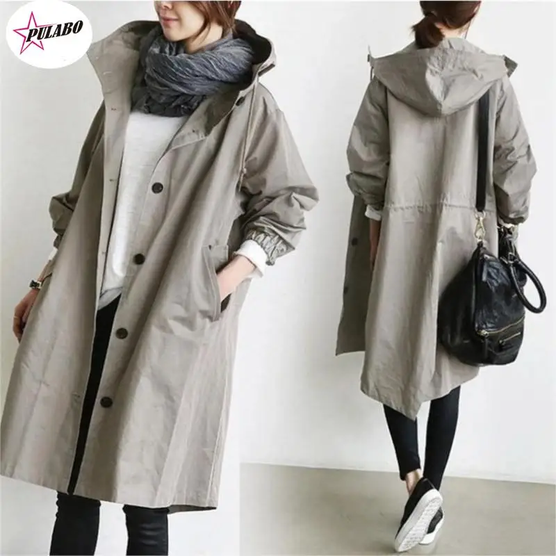 

PULABO Fashion Womens Trench Coats Hooded Long Spring Autumn Windproof Lady Female Casual Clothes 8 Color Windbreaker Korean ins