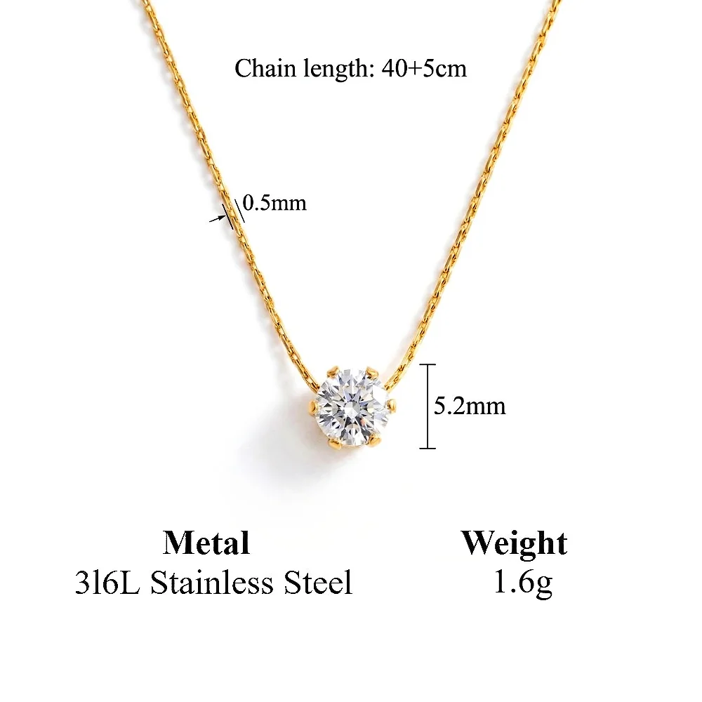 Stainless Steel Gold Plated Dainty Minimalist Zircon Charm Anti Tarnish Chain Round Clear Cz Stone Necklace for Women Jewelry
