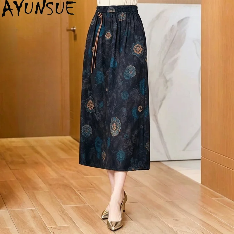 AYUNSUE 100% Mulberry Silk Midi Skirt Xiangyunsha Skirts for Women Vintage Printed Middle-aged Summer Skirt 2026 Ropa Para Mujer