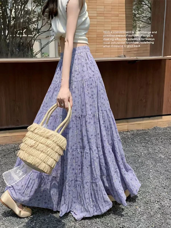 

Женская юбка А-силуэта с цветочным принтом, с завышенной талией, облегающая, длинная, в корейском стиле, с широким подолом, весна 2026, новая модная коллекция, большие размеры