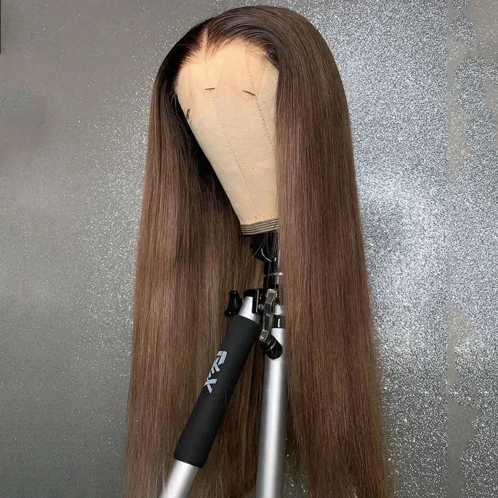 Ombre SoftBrown Straight 26 Inch Lace Front Wig Soft 180 Density Preplucked with Baby Hair Glueless Synthetic Long Wig for Women