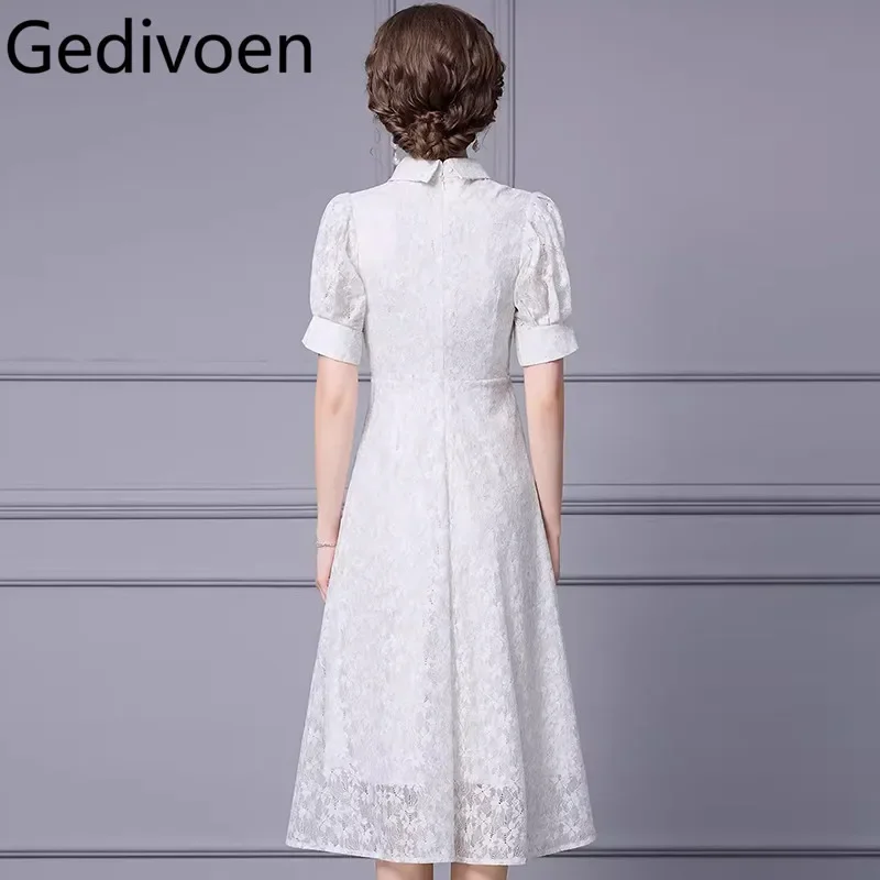 Gedivoen-Robe de créateur de piste pour femme, broderie de fleurs, dentelle, simple boutonnage, longueur moyenne, élégante, mode estivale